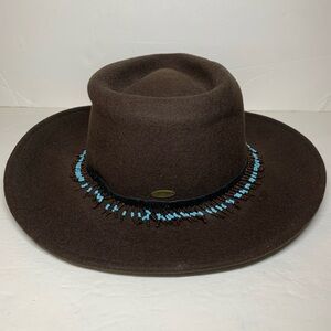 Liz Claiborne Chocolate Brown Wide Brim Hat Fedora Beaded Strap